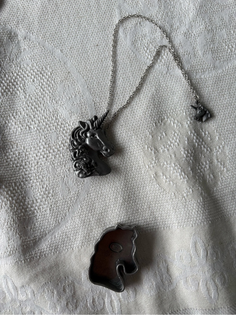 Vintage pewter, unicorn trinket box w/ earrings and necklace